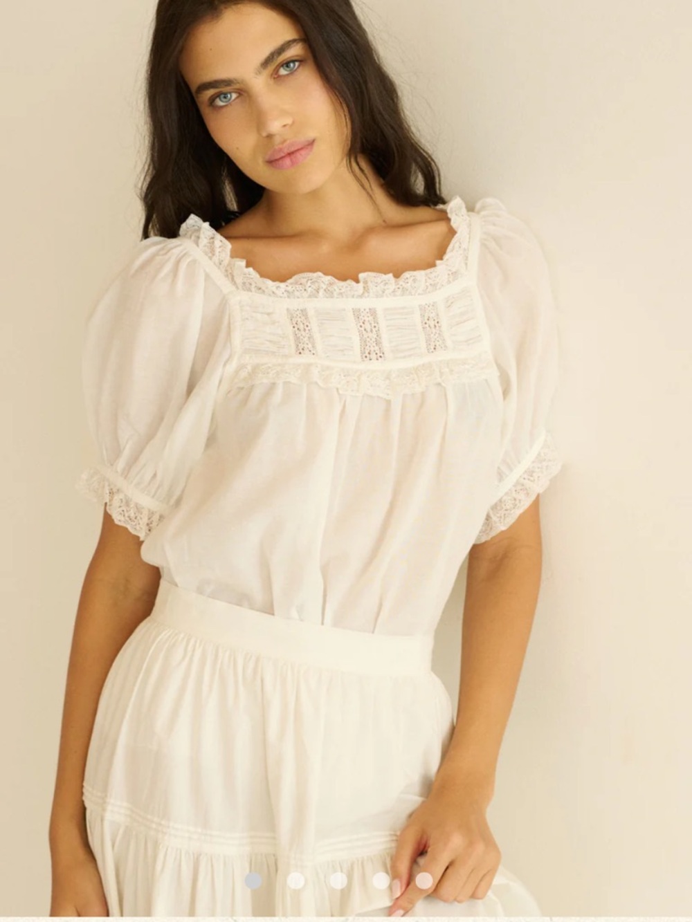 Doen Frances Lace Square-Neck Puff Sleeve Top in Salt